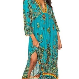 Free Planet Turquoise and Gold Patterned Long Sleeve Dress